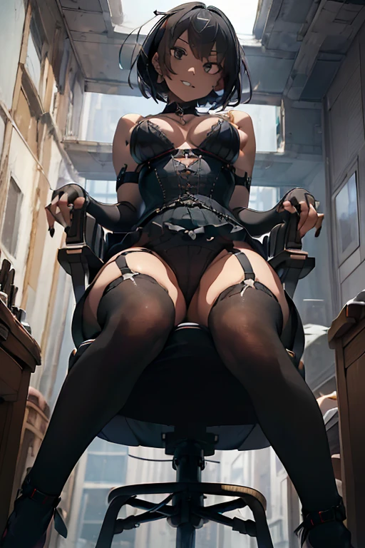 (((Highest quality)), ((masterpiece)), (detailed), prison, One girl, bare shoulders, femdom, dominatrix, black bustier, black stockings, black g-string, black high heels, black garter belt, black elbow gloves, ass pov, ((((from below)))), looking at viewer, evil grin, ((whip)), wielding a whip at viewer, ((chair)), ((female sitting in a chair)), stare at viewer with stern eyes, low angle human,