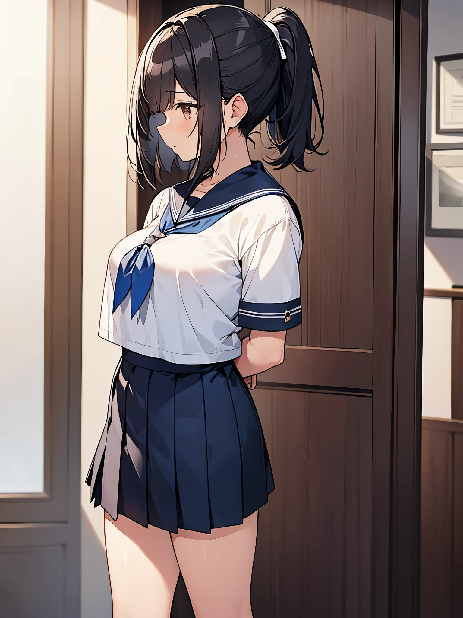 (8k, RAW photo, best quality, masterpiece, soft cinematic lighting, soft color:1.4),{ceiling,( look at me),face focus:1.5}, (realistic), (indoor background), (solo, mature woman,19years old:1.3), (sailor uniform,underboob,low-cut miniskirt,sheer :1.3), (embarrassed,red Cheeks:1.25), party chignon bronze color hair, clean skin, (smaller butt:0.9),(huge long wide heavy breasts:1.4), (thick, curvy:1.3),(very skinny:1.3)