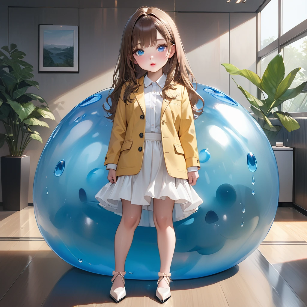 Highest quality, masterpiece, Ultra-high resolution, Realistic:1.2, RAW Photos, Intricate details, Portraiture,　Big beautiful blue eyes:1.2, Perfect contours, Girl, break　((full body:1.2, facing viewer,  upturned eyes:1.2)), ((petite, short, tiny girl:1.2)), Brown Hair、Long Hair, (makeup:1.2, parted mouth, full lips:1.3, pink lips:1.2, shiny lips:1.2), ((Top notch receptionist:1.2)), (Light yellow jacket、Silk Shirt:1.2,  Luxury high heels), BREAK ((Standing with hands on reception desk))、((Feet in slime:1.5)), ((The background is the reception desk of a top company., Stylish desk、Modern walls、Foliage plant))、