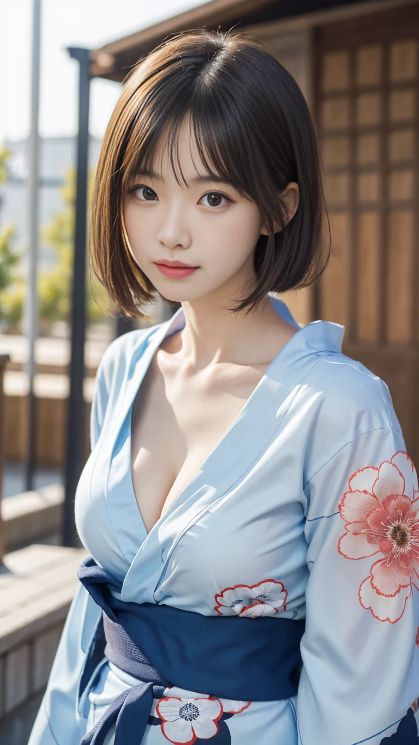 (8k、RAWphotograph、Highest quality、masterpiece:1.2),(Long Bob Cut),Looking at the audience,Viewed from the front,Sexy pose, strong,erotic,student,White skin,knees,Absurd,Small face,前hairを真ん中から分けます、The forehead is visible,(Be embarrassed,Squint your eyes,Glare,strong,skinny,skinny,Irritated)、masterpiece,Highest quality、Ultra-high resolution,One person, One personで,Close-up shot、cute、Return to student,(A clean blue-based floral yukata:1.5),high school girl,Japanese women,Are standing,(Photorealistic:1.37)、Photon Mapping,Realistic、cuteSmall face,Brown eyes、prospect、Written boundary depth、Blurred Background、photograph,girl、(前hairが見える), hair, kneesが見える,Light clothing,, thigh,Nogizaka Idol, actress、Big and ample breasts、Cleavage、Super Fine、Low people、(Skin with visible pores:1.2)、(Focus on the face)、Check and correct the garment construction