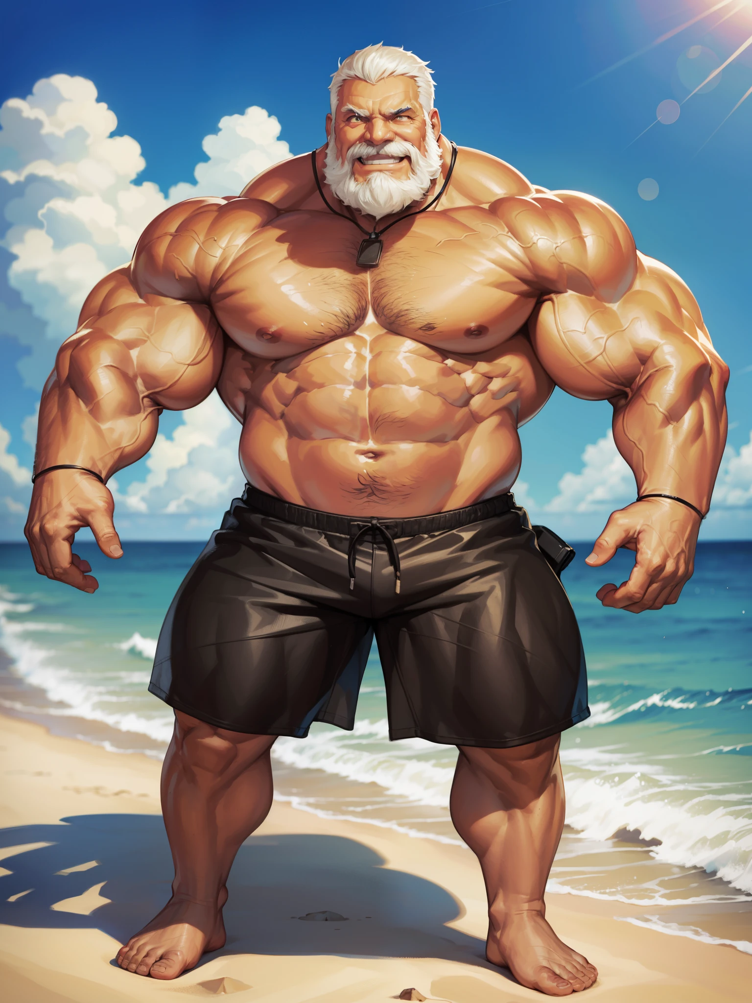 1boy, 1man, solo. beach, extremely huge muscular, massive muscular, full-body , (topless, shirtless, shorts), well-muscled old man. ((extremely muscle size, super thick arms, huge pec, extremely wide pectoral , huge arms)), wide smiling. Add textures and details to make the image more realistic, such as the appearance of the. Make sure the resulting image is high resolution, 8K quality