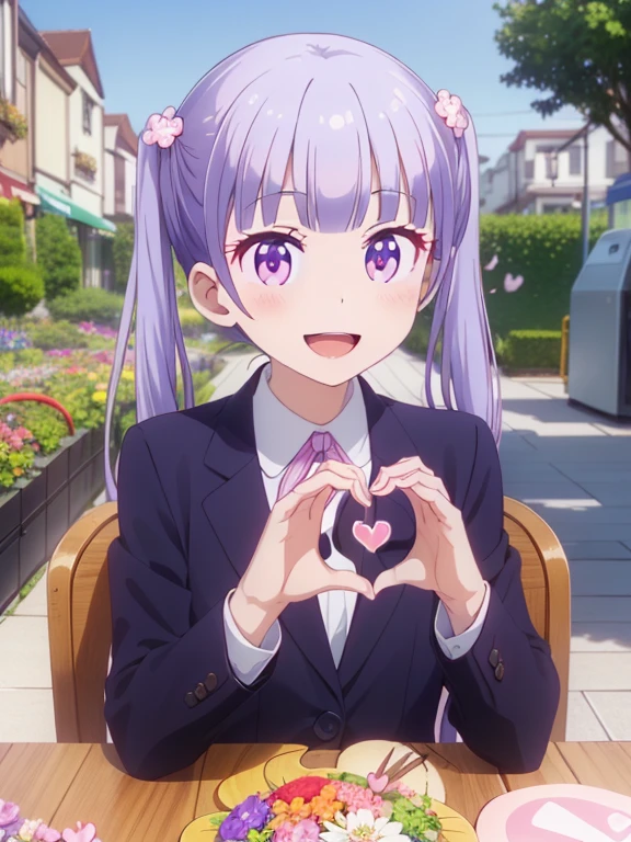 (table top, highest quality, High resolution, nffsw, perfect pixel, Depth of the bounds written, 4k), beautiful anime girl, perfect body, , (smile, open your mouth:1.6) aoba suzukaze, ribbon, suit, jacket,,, (heart hand:1.8), flower garden, lots of flowers
