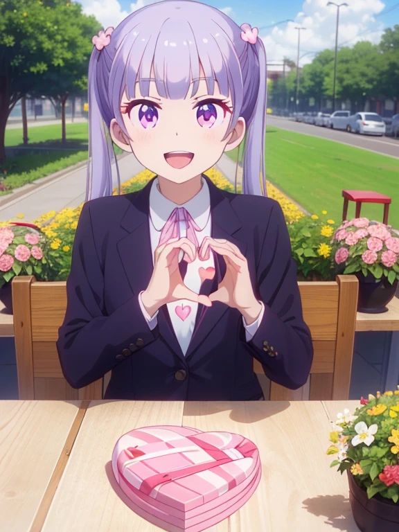 (table top, highest quality, High resolution, nffsw, perfect pixel, Depth of the bounds written, 4k), beautiful anime girl, perfect body, , (smile, open your mouth:1.6) aoba suzukaze, ribbon, suit, jacket,,, (heart hand:1.8), flower garden, lots of flowers
