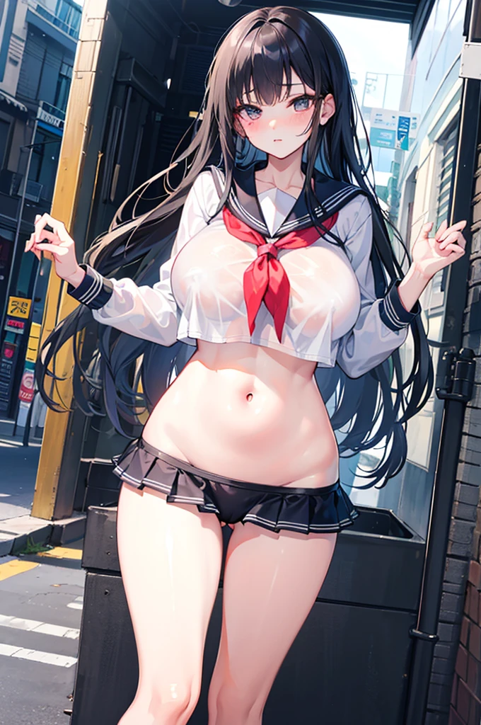 A woman with big ，Beauty，Black long hair，Bow，(Fully transparent sailor suit:1.2)，weak，Sexy，Color，lactation，Showing belly，blush，Bright Light，ahegao，on the street，dodge，Multiplayer，