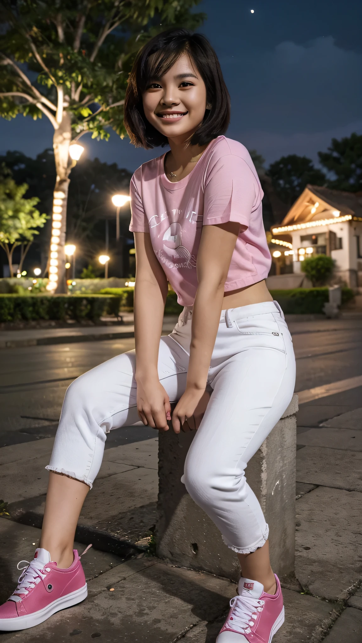 A 25 year old filipina girl wearing a pink tshirt and white jeans and sneakers、smile、Short haircut the background is night and koraen park.