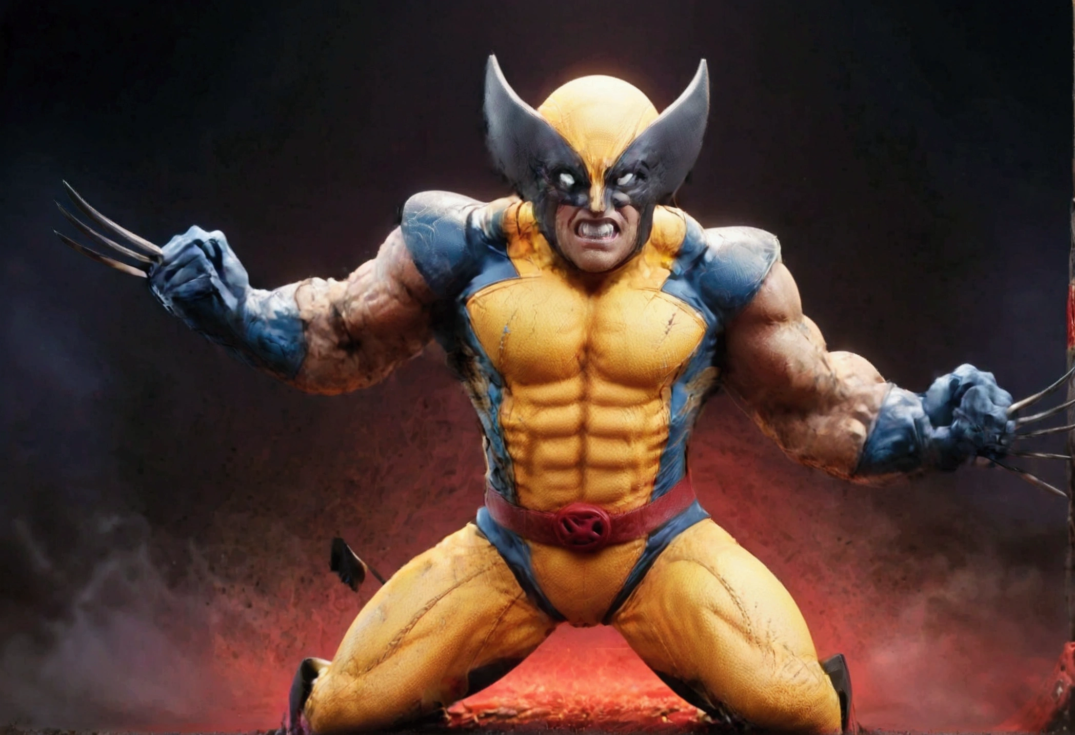 (WolverineV2-1024), is furious, claws extended, battle pose (Marvel comics Wolverine), nearby in a fighting stance is deadpool (a cute woman, DeadpoolStyle) who is laughing and cracking jokes
