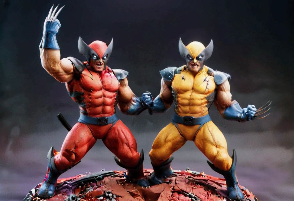 (WolverineV2-1024), is furious, claws extended, battle pose (Marvel comics Wolverine), nearby in a fighting stance is deadpool (a cute woman, DeadpoolStyle) who is laughing and cracking jokes