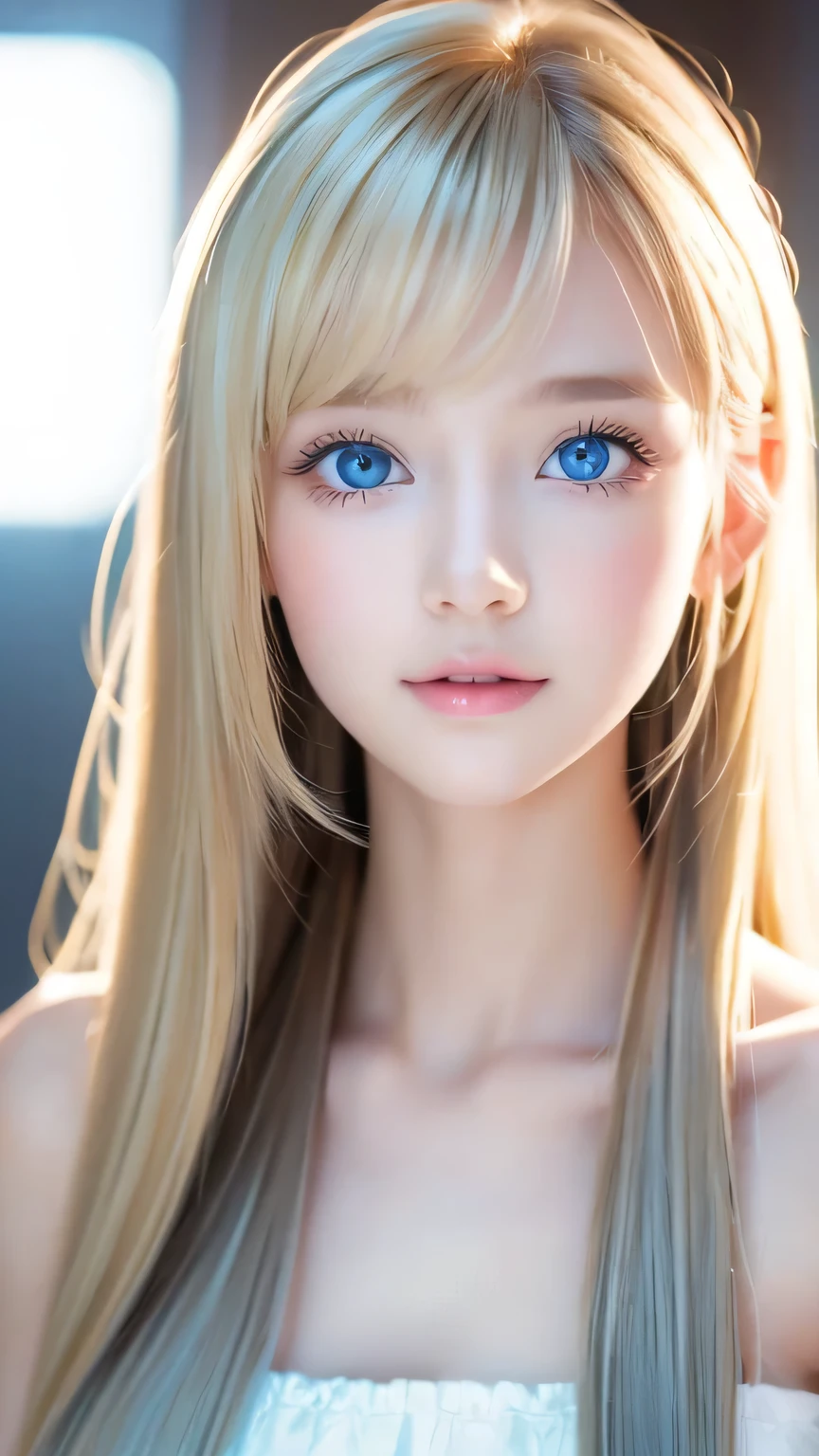 The Shining, clear, White skin、Her windblown blonde hair hides her beautiful face、A stunning 16-year-old blonde beauty、Bangs between the eyes、Cute sexy little beautiful face、Eye-catching, beautiful, super long straight hair、growing up, Large, sparkling, very bright light blue eyes、Long, silky bangs that cover cute eyes, Sexy and cute young woman with super long hair hiding her sexy face、Ultra long platinum hair、Small Face Beauty、Round face、Cheek gloss highlighter、