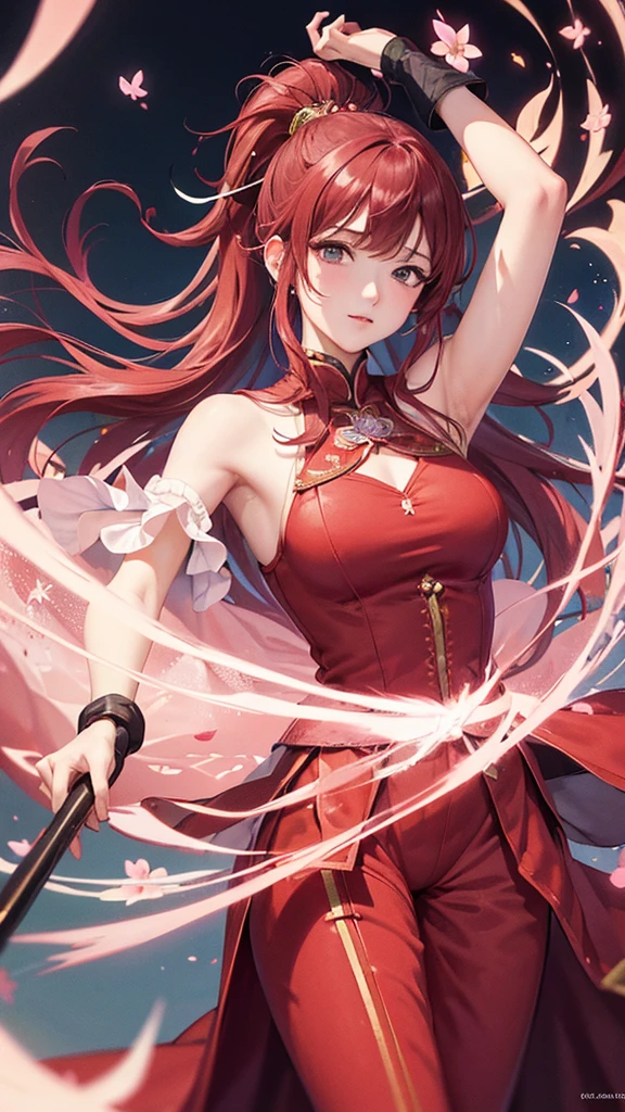 Official Art, unity 8k wallpaper, Very detailedな, Beautiful yet fleeting、beautiful, masterpiece, Highest quality,Red Rose (zenTangle, Mandala, Tangle, enTangle), Flower Ecstasy,((Sakura Kyoko)) (ponytail)One Girl, Very detailed, Dynamic Angle, Cowboy Shot, The most beautiful form of chaos, ((Magical girlまどか☆マギカ)).elegant, Brutalist Design,Vivid colors, holding a spear, Romanticism, James Jean, Robbie Dawi Anton, Ross Tran, Francis Bacon, It was very cold, Petra Cortright, Gerhard Richter, takato yamamoto, Ashley Wood, Atmospheric,Red dress、Red long hair、Magical girl、Adrianne&#39;genius((Big Breasts、Nipples))((black thong))(((Lance of Longinus)))