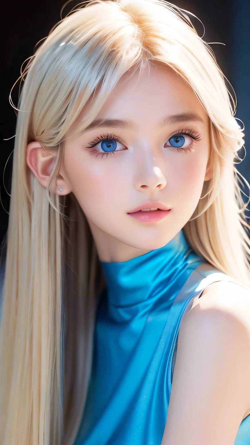 The Shining, clear, White skin、Her windblown blonde hair hides her beautiful face、A stunning 16-year-old blonde beauty、Bangs between the eyes、Cute ???? little beautiful face、Eye-catching, beautiful, super long straight hair、growing up, Large, sparkling, very bright light blue eyes、Long, silky bangs that cover cute eyes, ???? and cute young woman with super long hair hiding her ???? face、Ultra long platinum hair、Small Face Beauty、Round face、Cheek gloss highlighter、