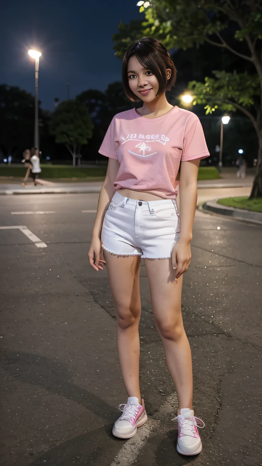 Filipina woman wearing a pink t-shirt, white jeans and sneakers。Full body photo、Are standing、Short Haircut、smile、The background is night and a park。.
