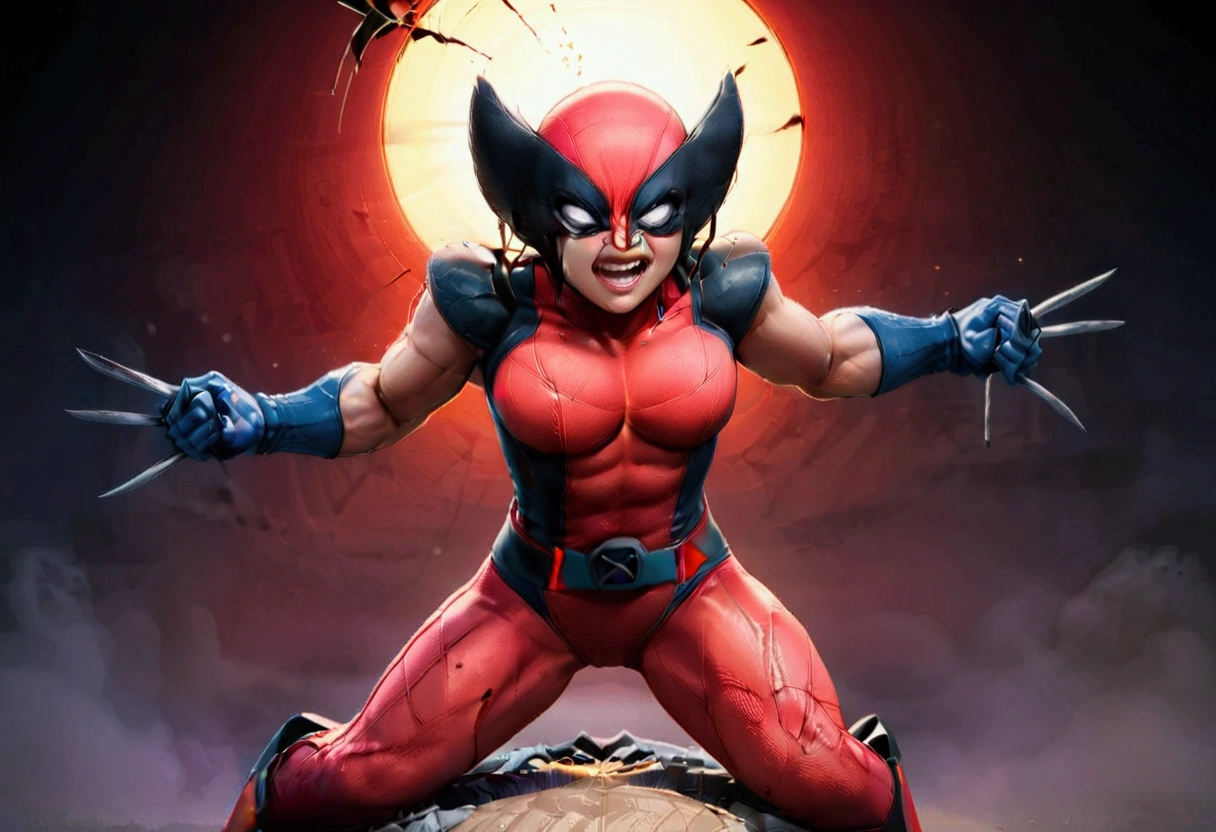 (WolverineV2-1024), is furious, claws extended, battle pose (Marvel comics Wolverine), nearby in a fighting stance is deadpool (a cute woman, DeadpoolStyle) who is laughing and cracking jokes
