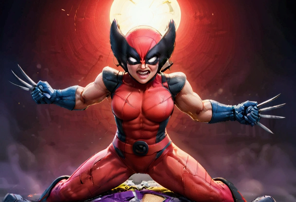 (WolverineV2-1024), is furious, claws extended, battle pose (Marvel comics Wolverine), nearby in a fighting stance is deadpool (a cute woman, DeadpoolStyle) who is laughing and cracking jokes
