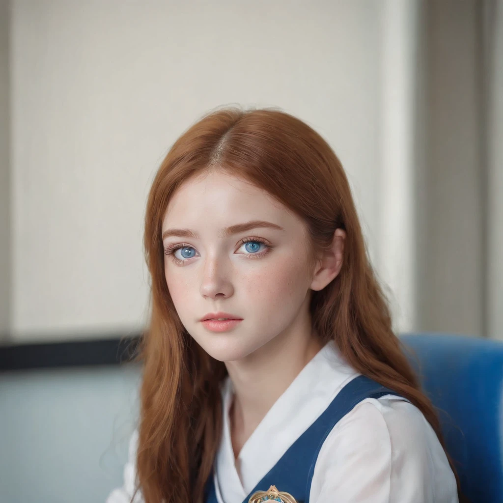 (mejor calidad,hyper realistic,Ultra detallado,8K), adolescente, Fifteen years old, shy, triste, palidez, Grandes ojos azules, piel muy blanca, small nose, medium-length brown hair with bangs, melancholia, Hermoso uniforme escolar.