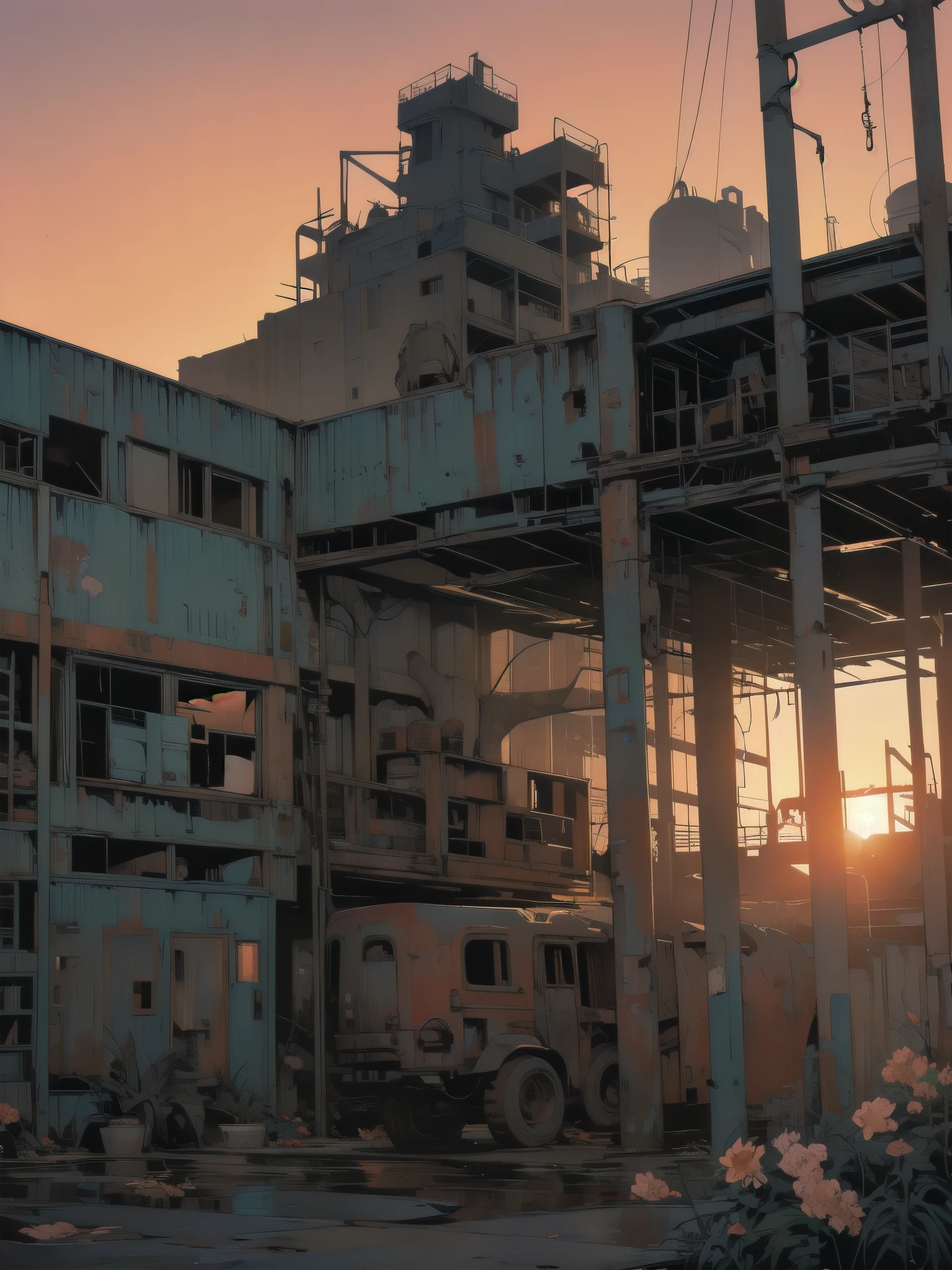 Detailed Machinery、Abandoned Factory、Atrium、(((Rusty heavy equipment)))、Gorgeous light leaks、(((sunset)))、fog、Detailed Background、Highest quality、(((No humans)))、Broken heavy machinery、Complex heavy machinery、Faint lighting、sunset、(((Dull colors)))、(((Rusty heavy equipmentの詳細)))、(((Heavy machinery covered with flowers)))、(((Abandoned garage)))、(((Broken factory))))、(((Red sunset)))、ruins、beautiful