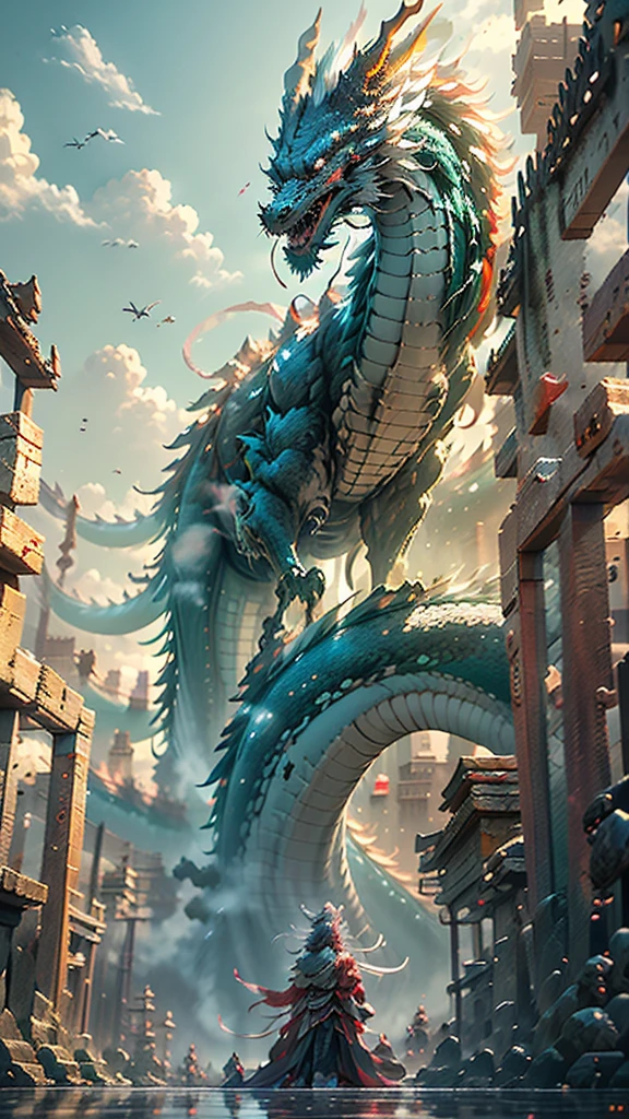 The blue and red chinese dragon,(sasuke(boy) manipulates dragons:1.3),(The sasukel has her back to the camera:1.3),Sky clouds surround the surroundings,Light magic,Fantastic background,Meaning background,Ridiculous background,There are artistic overlayulticolored hair, surrealism, Cinematic lighting, Ray tracing, god light, speed-line, angle of view, hyper HD, Masterpiece, Best quality, Super detail, A high resolution, High quality,(Far view:1.3)