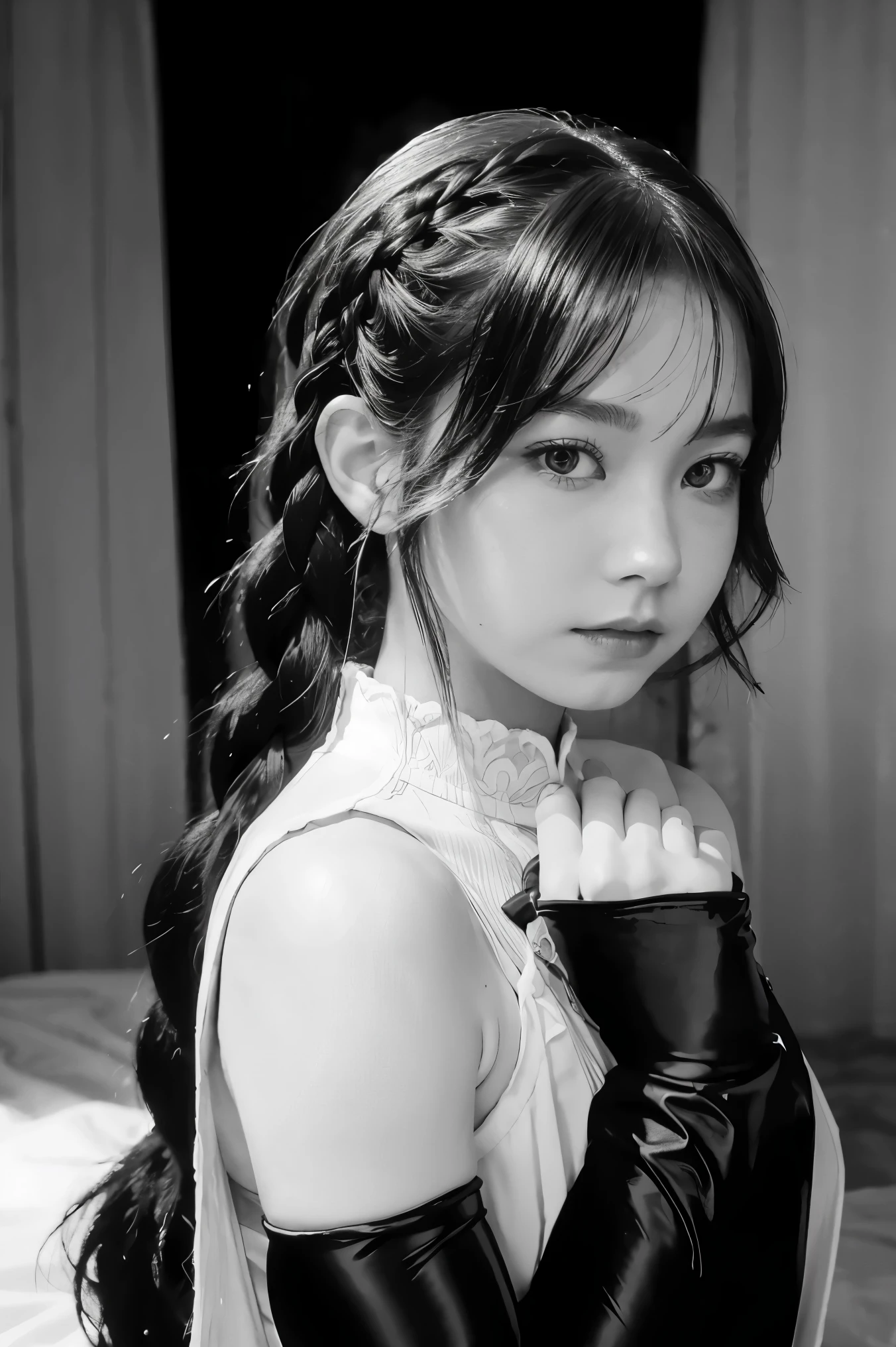 lynn minmay, 1girl, solo, monochrome, braid, looking at viewer, dress, long hair, traditional media, signature, bangs, makeup, own hands together, black hair, upper body, lipstick, drill hair, artist name, twin braids, bridal gauntlets, sleeveless