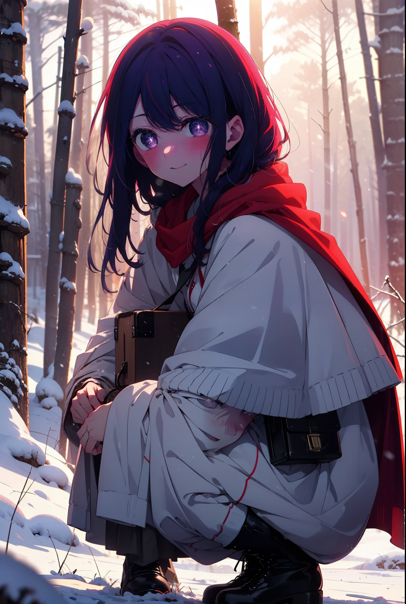 aihoshino, Ai Hoshino, Long Hair, bangs, (Purple eyes:1.1), Purple Hair, (Symbol-shaped pupil:1.5), smile,,smile,blush,white breath,
Open your mouth,snow,Ground bonfire, Outdoor, boots, snowing, From the side, wood, suitcase, Cape, Blurred, , forest, White handbag, nature,  Squat, Mouth closed, Cape, winter, Written boundary depth, Black shoes, red Cape break looking at viewer, Upper Body, whole body, break Outdoor, forest, nature, break (masterpiece:1.2), Highest quality, High resolution, unity 8k wallpaper, (shape:0.8), (Beautiful and beautiful eyes:1.6), Highly detailed face, Perfect lighting, Extremely detailed CG, (Perfect hands, Perfect Anatomy),