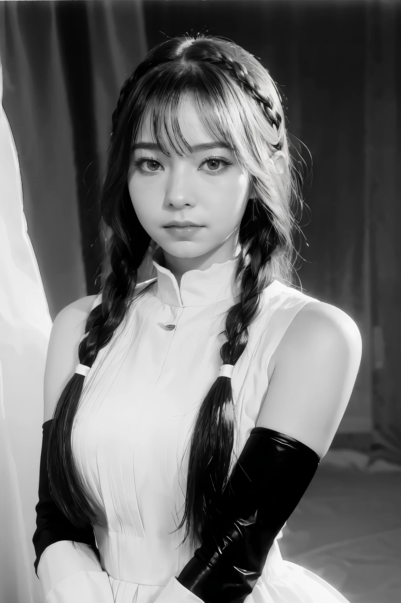 lynn minmay, 1girl, solo, monochrome, braid, looking at viewer, dress, long hair, traditional media, signature, bangs, makeup, own hands together, black hair, upper body, lipstick, drill hair, artist name, twin braids, bridal gauntlets, sleeveless