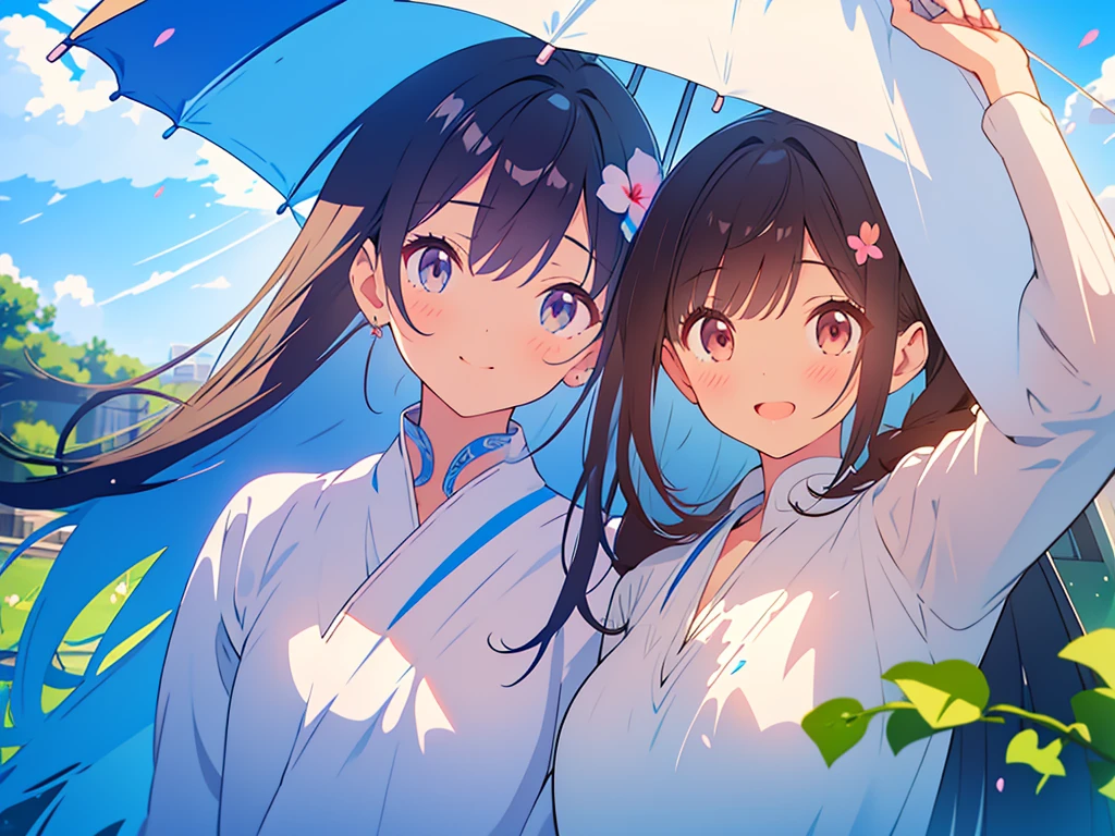 kawaii, anime, Cute, hyper quality, highly detailed, 8k, Clarity, Draw facial expressions in detail, Two girls with long dark brown hair, wink, after the rain, the ground is wet, hold an umbrella, rainbow in the sky, cumulonimbus, morning glory, morning glory flower, colorful morning glory, pink morning glory flower, white morning glory flower, blue morning glory flower, Draw facial expressions in detail, Morning glory flowers have petals connected to form a trumpet shape., 	