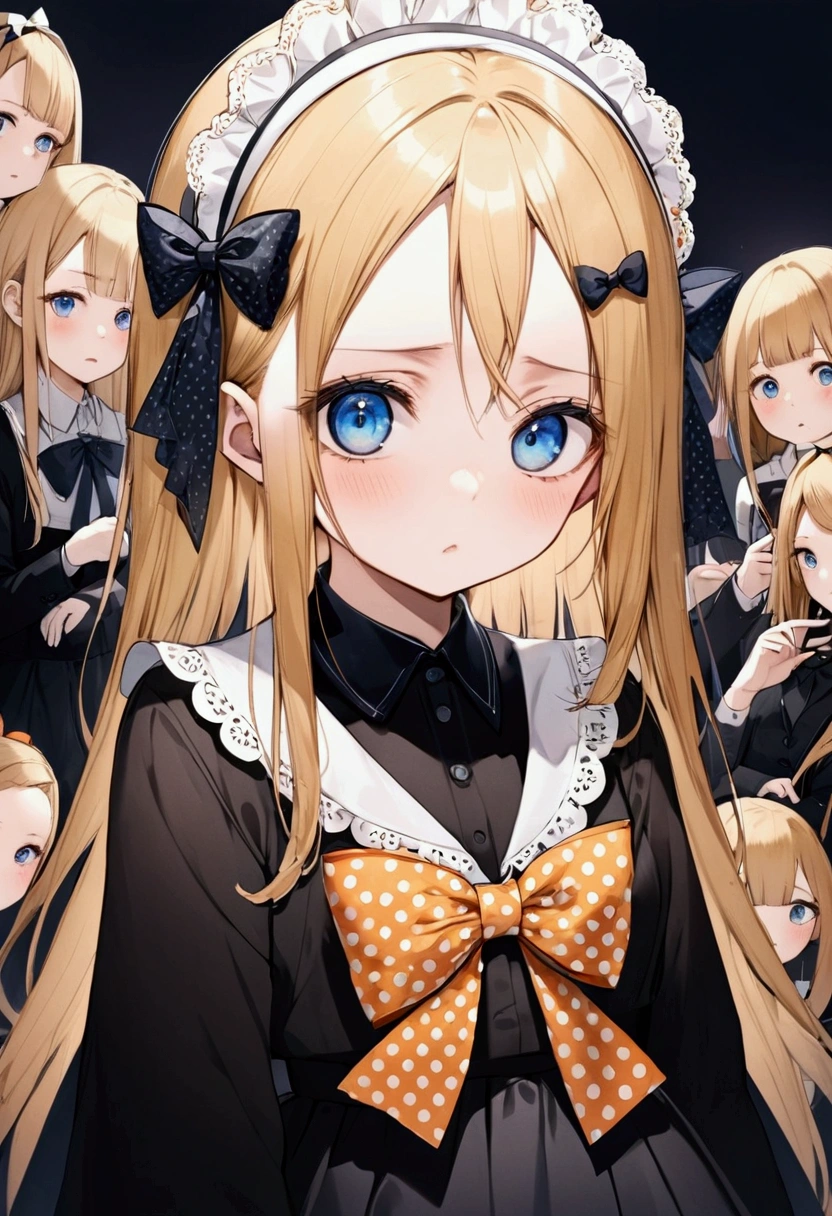 Fraction_9, Fraction_8_Direction_7_direction_6_up, 1 girl, solitary, Abigail Williams \(destiny\), bow, Blonde Hair, hair bow, black bow, blue eyes, polka dot, Long hair, polka dot bow, Looking at the audience, have, parted Bangs, detailed complex background, Shut up, orange bow, Black headdress, Bangs, portrait, forehead, symbol, black skirt, multiple hair bows, skirt