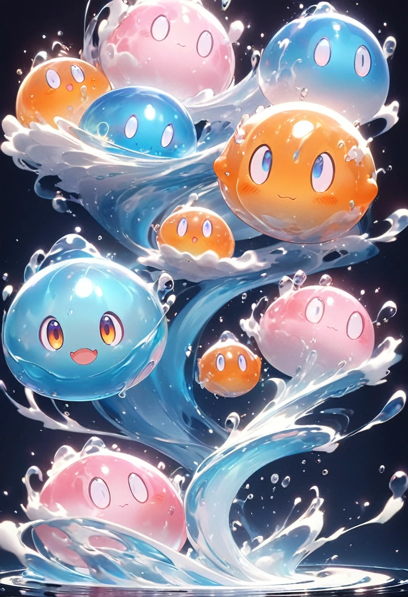 Japanese cartoon slime fantasy fictional creature flat light blue cute slime(close up)Glowing water splash all around dark blue background shiny rotating high dynamic vortex surrounding slime , Swirl dynamics
( Correct and perfect anatomy ) Ultra-detailed animation art and visual effects masters perfectly compose intricately detailed digital art