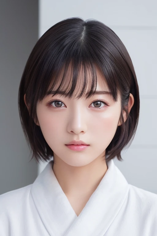 masterpiece, Highest quality, One Woman, (White bathrobe:1.2), 22 years old、(RAW Photos, Highest quality), (reality, Realistic:1.4), Clean look、Iris、very detailed eyes and face, Beautiful and detailed nose, beautiful eyes, Perfect Anatomy, Black short hair, bangs、Crystal skin, Serious face、Face Focus