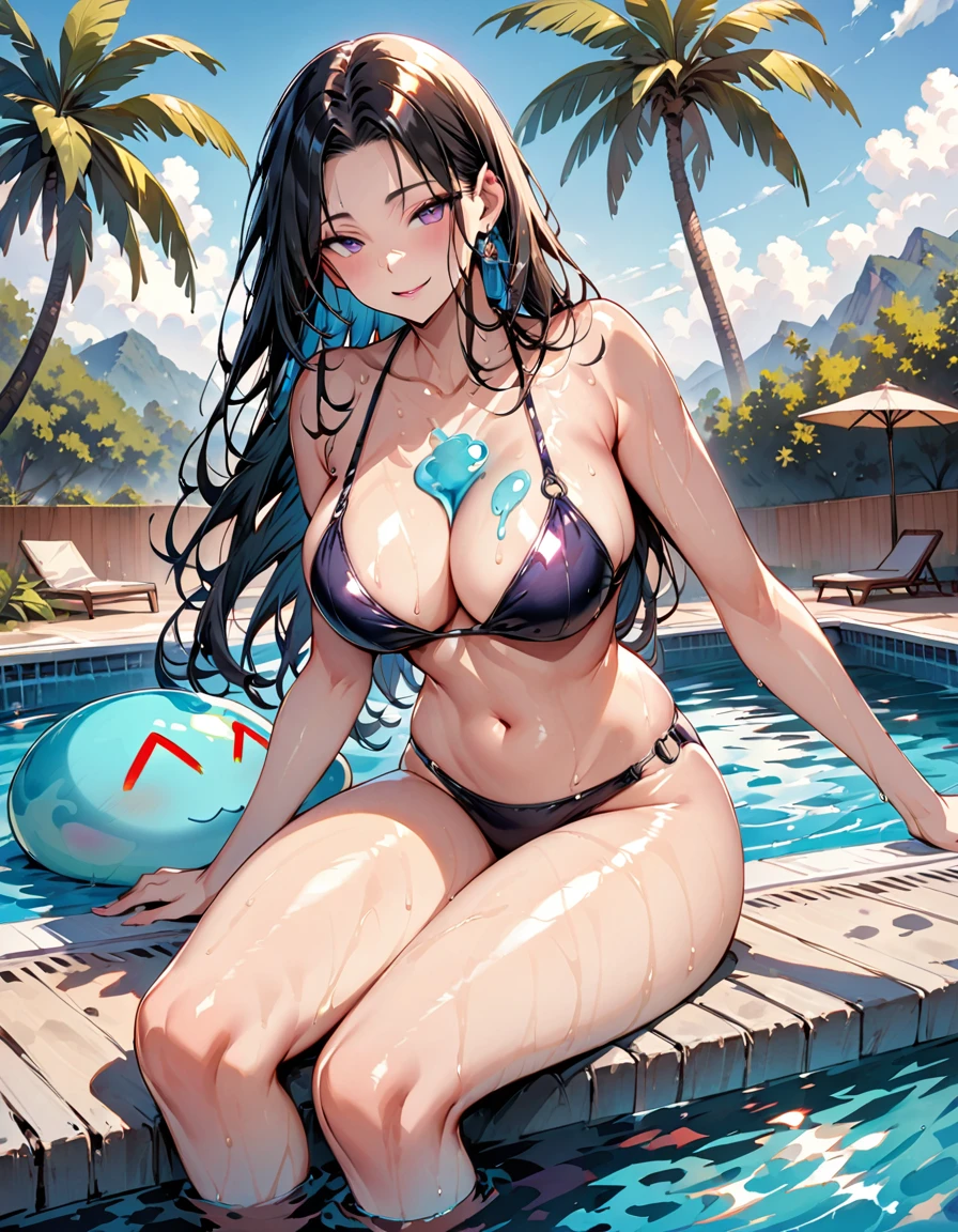 Mature beautiful woman,(Highest quality,Extremely detailed depiction,Incredibly absurd high resolution,Anatomically accurate depiction,Curvy Legs),(Glowing Skin,Shiny skin,Oilskin),(Bikini Swimwear,latex,Wet body),eyelash,Sweat,(pupil,Half-closed eyes:1.3,There is cleavage in the chest,A seductive smile,Glossy lipstick,Flashy makeup,),whole body,background:Daytime pool,(A cute little slime on your chest:1.5)