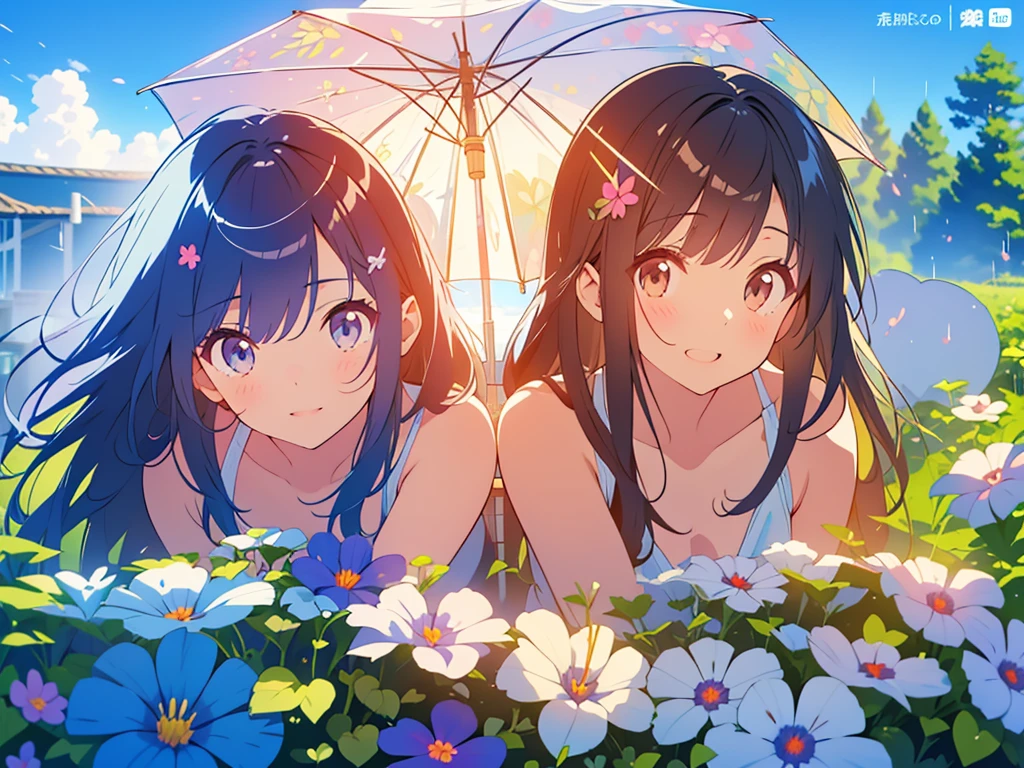 kawaii, anime, Cute, hyper quality, highly detailed, 8k, Clarity, Draw facial expressions in detail, Two girls with long dark brown hair, wink, after the rain, the ground is wet, hold an umbrella, rainbow in the sky, cumulonimbus, morning glory, morning glory flower, colorful morning glory, pink morning glory flower, white morning glory flower, blue morning glory flower, Draw facial expressions in detail, Morning glory flowers have petals connected to form a trumpet shape.,