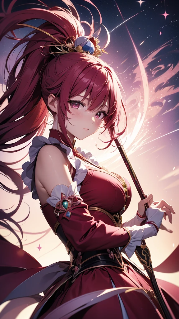 Official Art, unity 8k wallpaper, Very detailedな, Beautiful yet fleeting、beautiful, masterpiece, Highest quality,Red Rose (zenTangle, Mandala, Tangle, enTangle), Flower Ecstasy,((Sakura Kyoko)) (ponytail)One Girl, Very detailed, Dynamic Angle, Cowboy Shot, The most beautiful form of chaos, ((Magical girlまどか☆マギカ)).elegant, Brutalist Design,Vivid colors, holding a spear, Romanticism, James Jean, Robbie Dawi Anton, Ross Tran, Francis Bacon, It was very cold, Petra Cortright, Gerhard Richter, takato yamamoto, Ashley Wood, Atmospheric,Red dress、Red long hair、Magical girl、Adrianne&#39;genius((Big Breasts))((Pink nipples))((black thong))(((Lance of Longinus)))