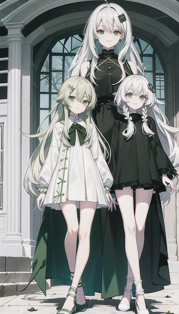 white hair, messy hair, long hair, (Expressive eyes, Green Eyes, Glowing Eyes),Witch hin,(Many green chocolines arround her:1.2),switch,
\\
masterpiece,Highest quality,flin color,Official Art,White Theme,(Very detailed),(illustrinion),Ink Painting,green eyes,Cold Face,Looking_in_Audience,1 girl,一人in,[(white hair:1.2):(green hair:1.2):0.5],long hair,wavy hair,Bare shoulders,((Cold look)),black lolita dress,Black Skirt,Cute Face,White socks,green_ Inside_hair,shawl,Thighs,anklet,Femoral ring,Braiding, chocoline, hairclip, Mouth closed, Have food,+_+, Earrings, heart hair ornament, Looking in Audience, Earrings, Braiding, smile,Crossing your legs