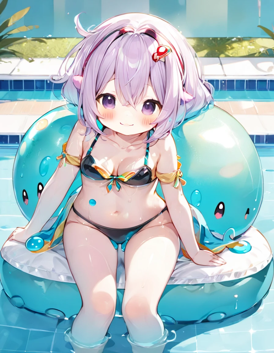 Mature beautiful woman,(Highest quality,Extremely detailed depiction,Incredibly absurd high resolution,Anatomically accurate depiction,Curvy Legs),(Glowing Skin,Shiny skin,Oilskin),(Bikini Swimwear,latex,Wet body),eyelash,Sweat,(pupil,Half-closed eyes:1.3,There is cleavage in the chest,A seductive smile,Glossy lipstick,Flashy makeup,),whole body,background:Daytime pool,(A cute little slime on your chest:1.5)
