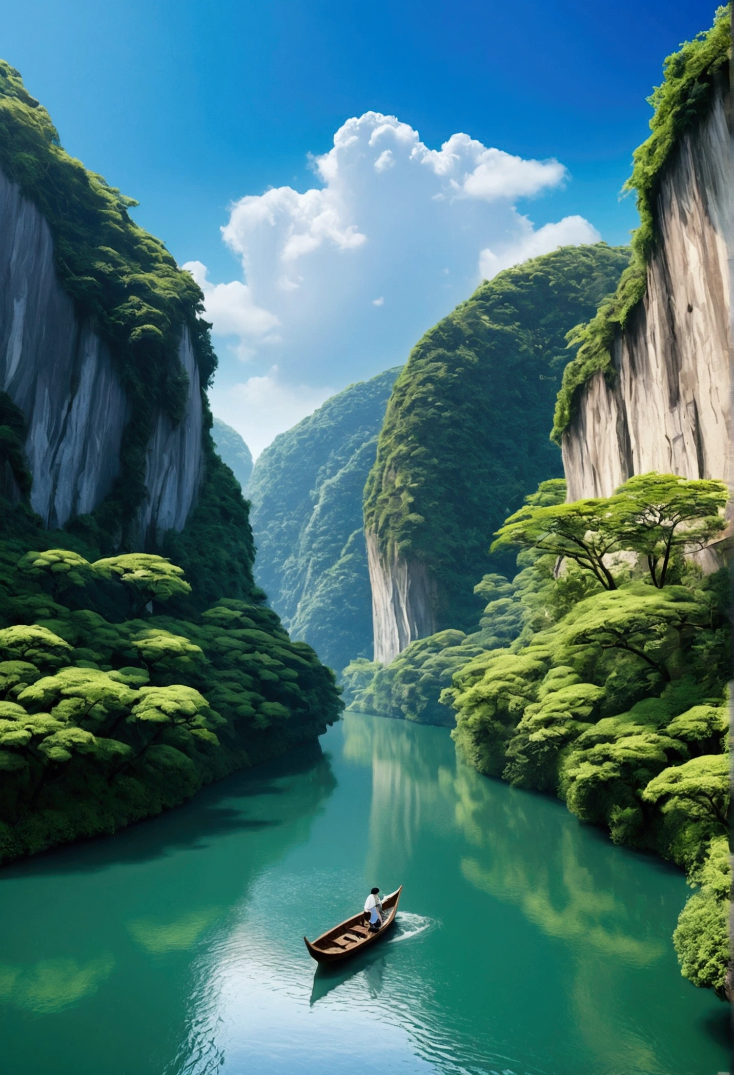 A valley with a vast blue river、There is a person in a small wooden boat on the river.。White rock walls rise up on both sides of the valley.、A picturesque building stands on top of the cliff.。Surrounded by lush green trees々and decorated with vibrant plants、A calm landscape filled with light spreads out before you.。Light clouds float in the sky、The overall atmosphere is fantastic.。The background is a clear blue sky.、Soft natural light shines across the entire screen。 Fantastic fantasy landscape、Highest quality、Super Resolution