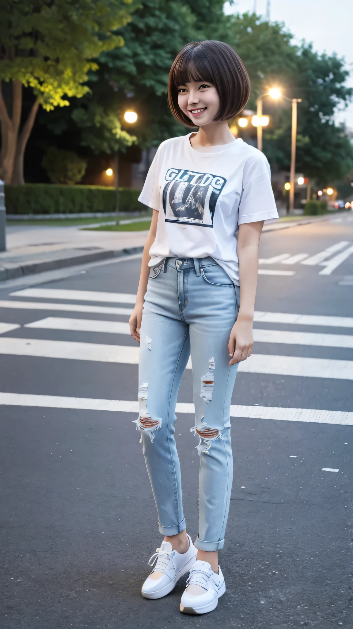 Woman wearing a t-shirt, white jeans and sneakers。Full body photo、Are standing、Short Haircut、smile、Background is a park at night。.