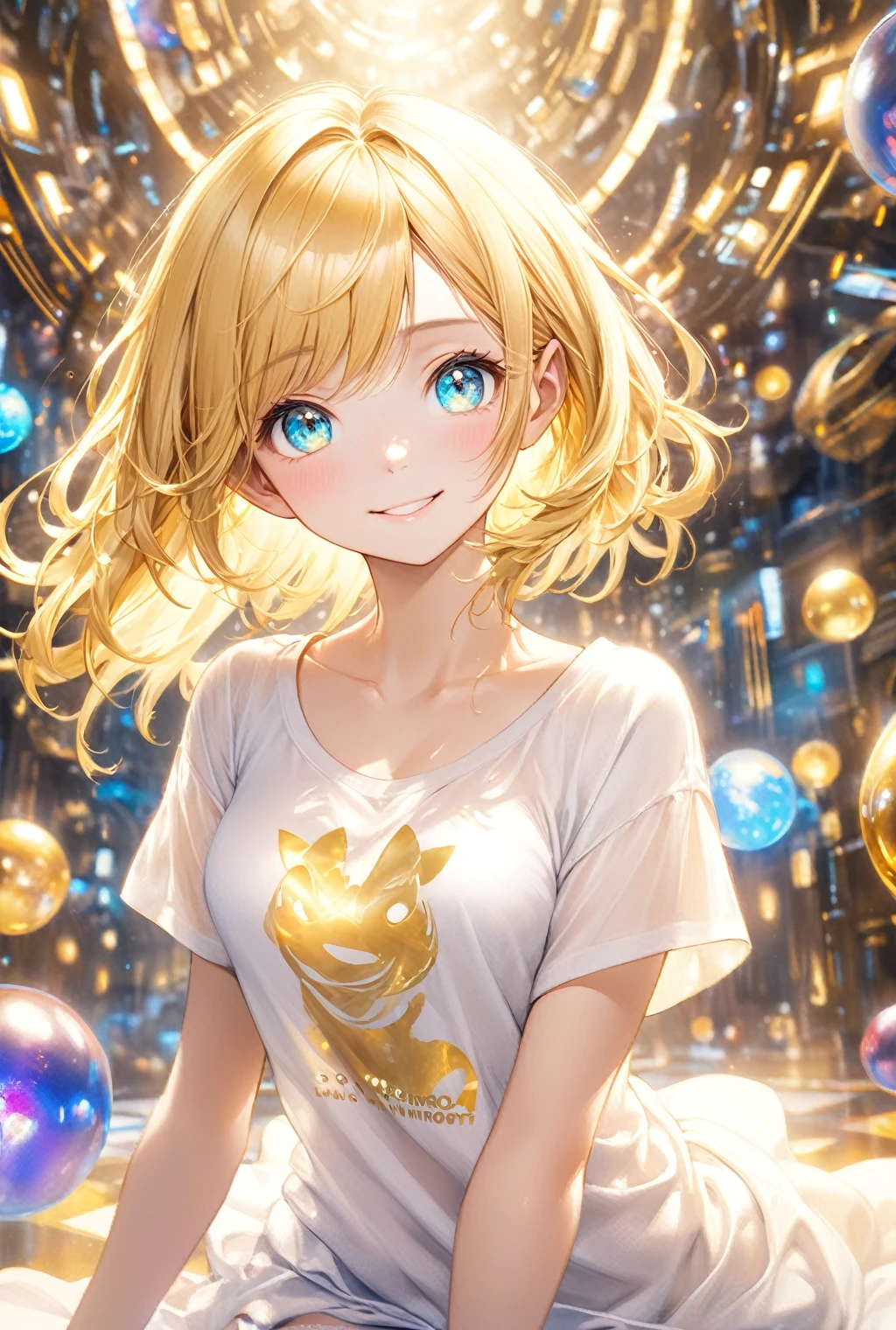 (Highest quality, 8k, 32K, masterpiece, Ultra-high resolution,:1.2),born, One girl,Super cute , Natural light,Clear, shining eyes, 20-year-old ,Fair skin, Girl with golden hair, Wearing an open-necked T-shirt, Sexy pose, An innocent smile, A fantasy background reminiscent of an electronic world