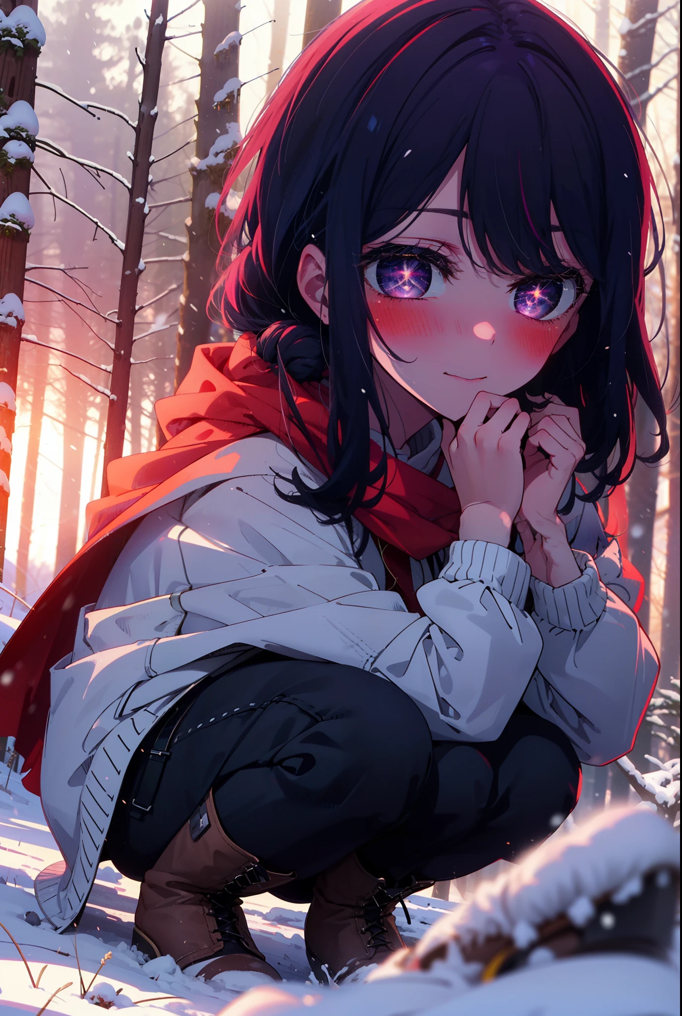aihoshino, Ai Hoshino, Long Hair, bangs, (Purple eyes:1.1), Purple Hair, (Symbol-shaped pupil:1.5), smile,,smile,blush,white breath,
Open your mouth,snow,Ground bonfire, Outdoor, boots, snowing, From the side, wood, suitcase, Cape, Blurred, , forest, White handbag, nature,  Squat, Mouth closed, Cape, winter, Written boundary depth, Black shoes, red Cape break looking at viewer, Upper Body, whole body, break Outdoor, forest, nature, break (masterpiece:1.2), Highest quality, High resolution, unity 8k wallpaper, (shape:0.8), (Beautiful and beautiful eyes:1.6), Highly detailed face, Perfect lighting, Extremely detailed CG, (Perfect hands, Perfect Anatomy),