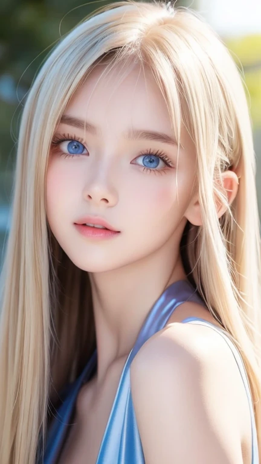 The Shining, clear, White skin、Her windblown blonde hair hides her beautiful face、A stunning 16-year-old blonde beauty、Bangs between the eyes、Cute sexy little beautiful face、Eye-catching, beautiful, super long straight hair、growing up, Large, sparkling, very bright light blue eyes、Long, silky bangs that cover cute eyes, Sexy and cute young woman with super long hair hiding her sexy face、Ultra long platinum hair、Small Face Beauty、Round face、Cheek gloss highlighter、