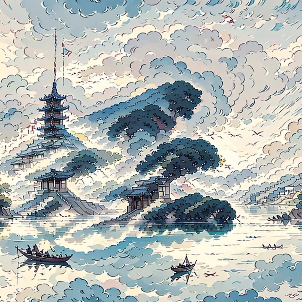 (Depth of field effect) (Chinese ancient architecture group on isolated island), (Tower, Building) (Pavilion, miscellaneous trees, Clouds, green trees, maple trees, red trees, small stones, small birds), Chinese watercolor style, (Chinese painting style), Chinese landscapes, Traditional Chinese watercolor paintings, Chinese paintings, watercolor 8K, (reflections), clear boundaries between light and shadow, light and shadow, light and shadow effect, masterpiece, super details, epic work, ultra high definition, high quality, very detailed, official art, unified 8K wallpaper, super details,Contrast between light and dark.