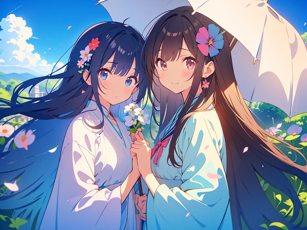 kawaii, anime, Cute, hyper quality, highly detailed, 8k, Clarity, Draw facial expressions in detail, Two girls with long dark brown hair, wink, after the rain, the ground is wet, hold an umbrella, rainbow in the sky, cumulonimbus, morning glory, morning glory flower, colorful morning glory, pink morning glory flower, white morning glory flower, blue morning glory flower, Draw facial expressions in detail, The petals are connected to form a trumpet shape.,