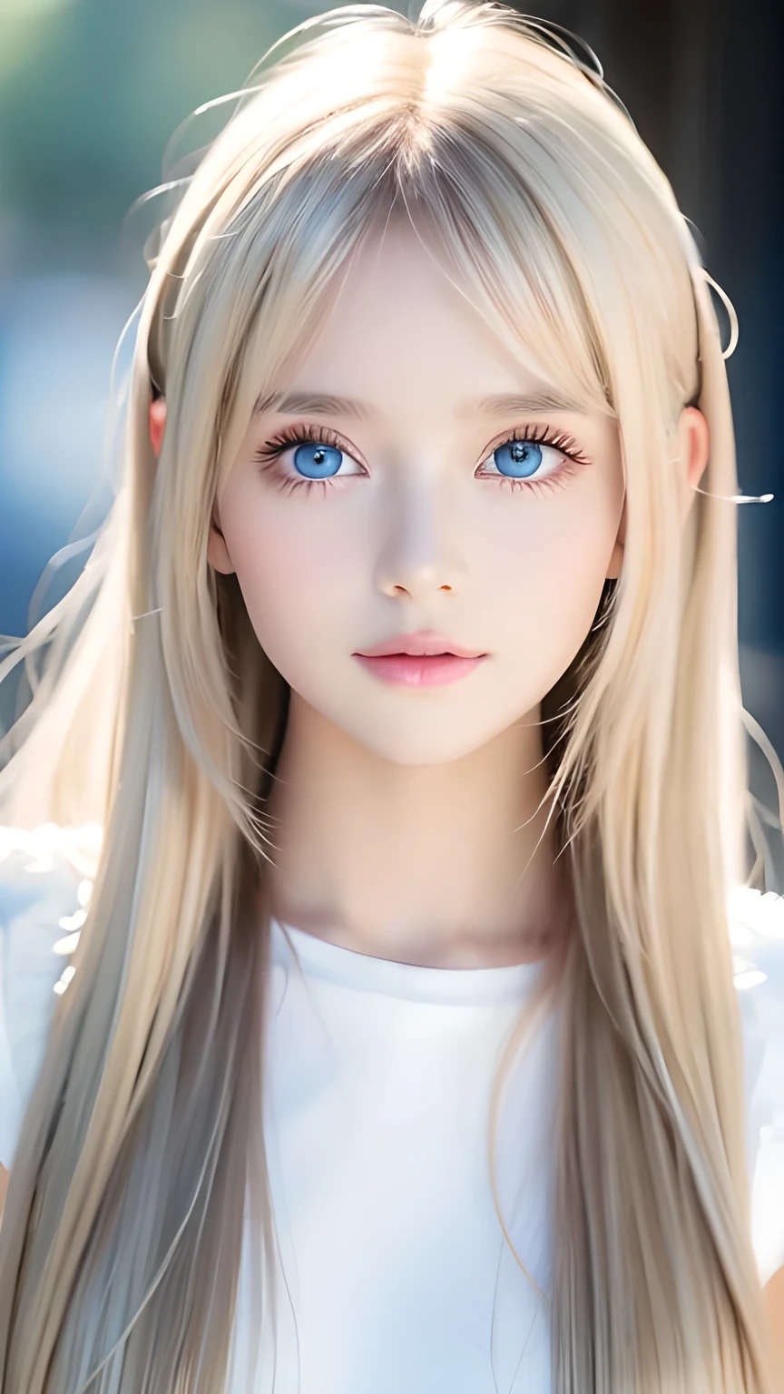 The Shining, clear, White skin、Her windblown blonde hair hides her beautiful face、A stunning 16-year-old blonde beauty、Bangs between the eyes、Cute sexy little beautiful face、Eye-catching, beautiful, super long straight hair、growing up, Large, sparkling, very bright light blue eyes、Long, silky bangs that cover cute eyes, Sexy and cute young woman with super long hair hiding her sexy face、Ultra long platinum hair、Small Face Beauty、Round face、Cheek gloss highlighter、