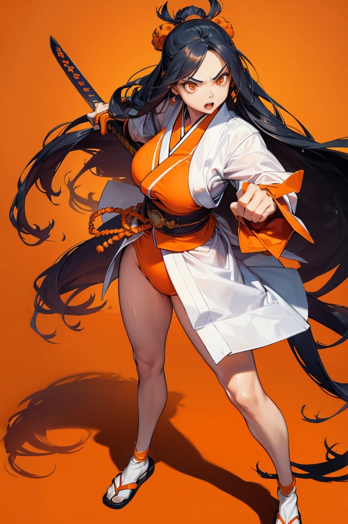 ((Perspective Lens, Woman with long hair, Dynamic poses with serious and mean expressions, Two hands brandishing a large, long Japanese sword )) ((Pure Orange Background:1.2)),Looks like she's in her early 20s,Shooting in mid-motion,With her long braided hair fluttering. Her outfit reminds me of a bee.,Black and yellow color palette,And she's casually throwing money around,Be playful.,