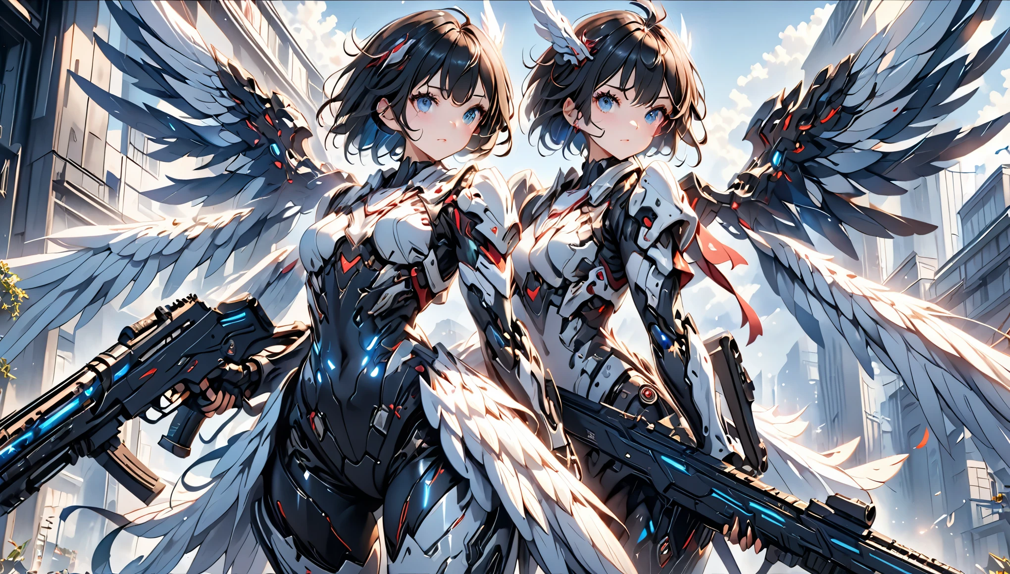 black hair, messy hair, short hair, atmospheric perspective, 8k, super detail, best quality, cinematic lighting, masterpiece, Mechanical body, blue steel body parts, large wings growing from its back, detailed face, detailed eyes, anime style, Her thighs are exposed and showing skin, rifle, Hold the rifle and aim, science fiction, Futuristic combat android, Beautiful woman