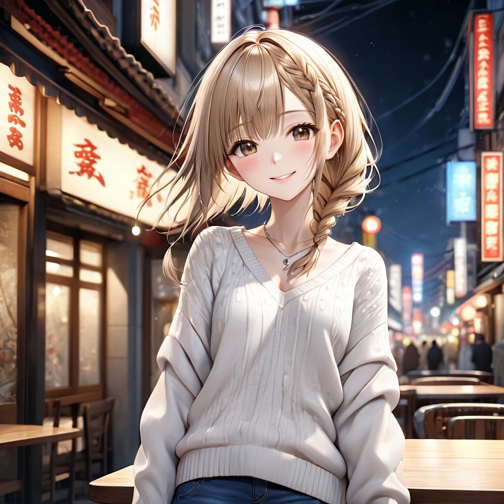 Realistic skin texture:2,1 Japanese girl,(White Vネック sweater:1.4), Skinny Blue Jeans、Daytime street snap,(RAW Photos, Highest quality), (Realistic, Photorealistic:1.4), Tabletop, Very delicate and beautiful, Very detailed, 8k wallpaper, wonderful, In detail, Highly detailed CG unification, High resolution, Soft Light, Beautiful Details 19 years old, Very detailed目と顔, Beautifully detailed nose, Beautiful attention to detail,Cinema Lighting,City lights at night,Perfect Anatomy,Slender body,smile (My hair is messy, Asymmetrical bangs, Light brown hair),(Silver Necklace)、((Braided Hair))
