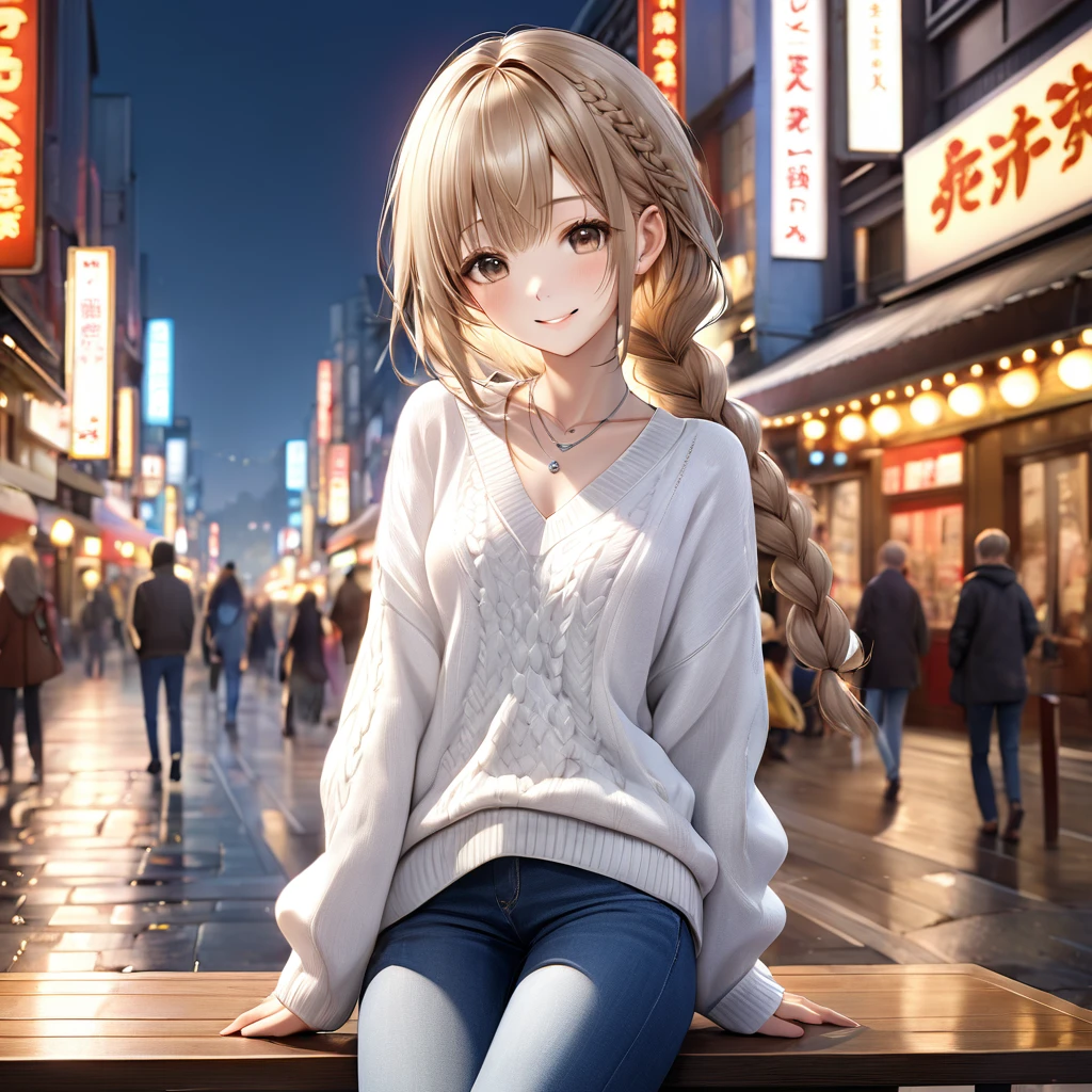 Realistic skin texture:2,1 Japanese girl,(White Vネック sweater:1.4), Skinny Blue Jeans、Daytime street snap,(RAW Photos, Highest quality), (Realistic, Photorealistic:1.4), Tabletop, Very delicate and beautiful, Very detailed, 8k wallpaper, wonderful, In detail, Highly detailed CG unification, High resolution, Soft Light, Beautiful Details 19 years old, Very detailed目と顔, Beautifully detailed nose, Beautiful attention to detail,Cinema Lighting,City lights at night,Perfect Anatomy,Slender body,smile (My hair is messy, Asymmetrical bangs, Light brown hair),(Silver Necklace)、((Braided Hair))