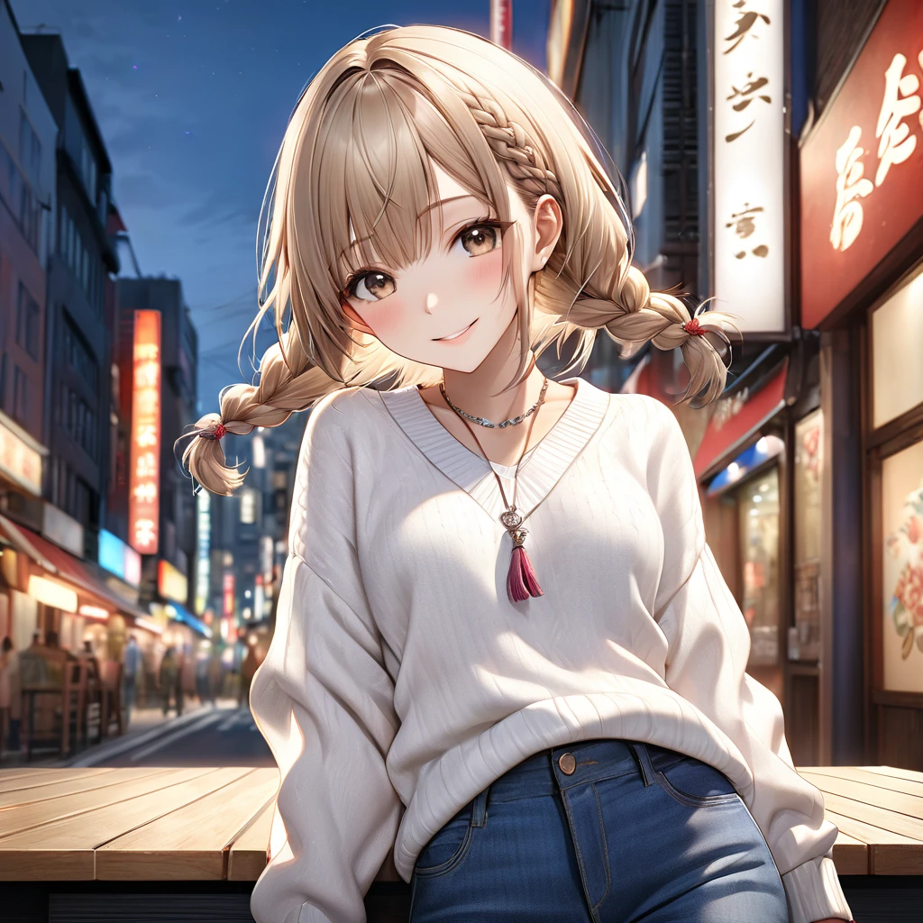 Realistic skin texture:2,1 Japanese girl,(White Vネック sweater:1.4), Skinny Blue Jeans、Daytime street snap,(RAW Photos, Highest quality), (Realistic, Photorealistic:1.4), Tabletop, Very delicate and beautiful, Very detailed, 8k wallpaper, wonderful, In detail, Highly detailed CG unification, High resolution, Soft Light, Beautiful Details 19 years old, Very detailed目と顔, Beautifully detailed nose, Beautiful attention to detail,Cinema Lighting,City lights at night,Perfect Anatomy,Slender body,smile (My hair is messy, Asymmetrical bangs, Light brown hair),(Silver Necklace)、((Braided Hair))