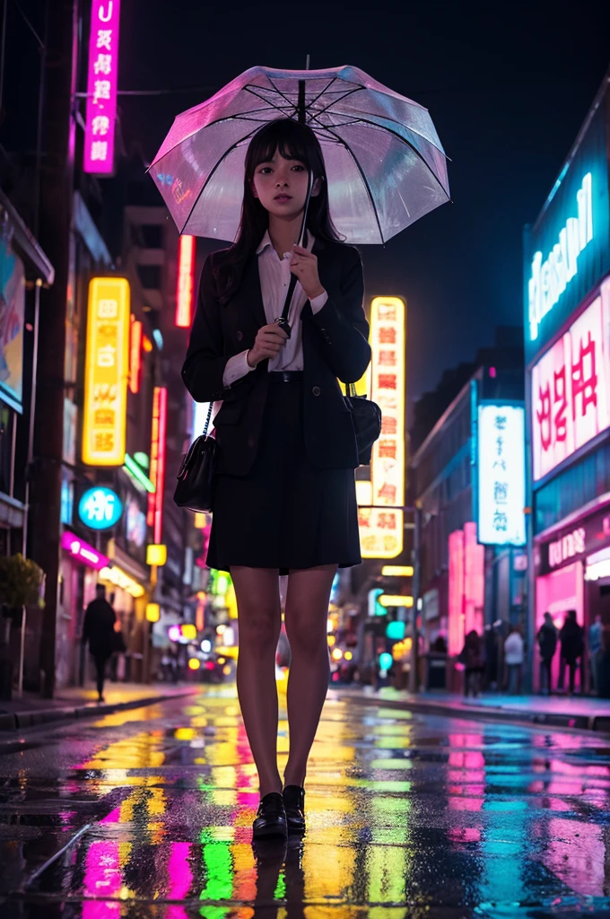 Holding an umbrella、woman、the way、neon、Look down
