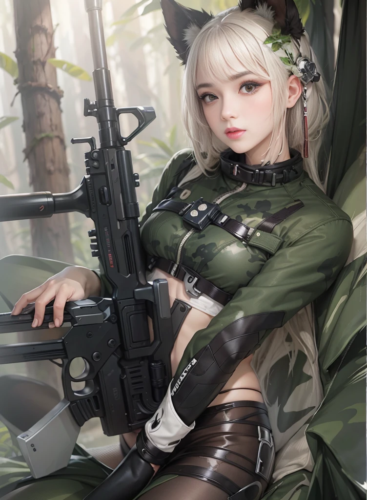 Realistic, High resolution, Photorealistic，Tall beautiful woman, alone, Hip Up, Displaying the viewer, (Detailed face),White Hair, Long Hair, Young camouflage suit, stockings，Jungle Background, Girl aiming an assault rifle