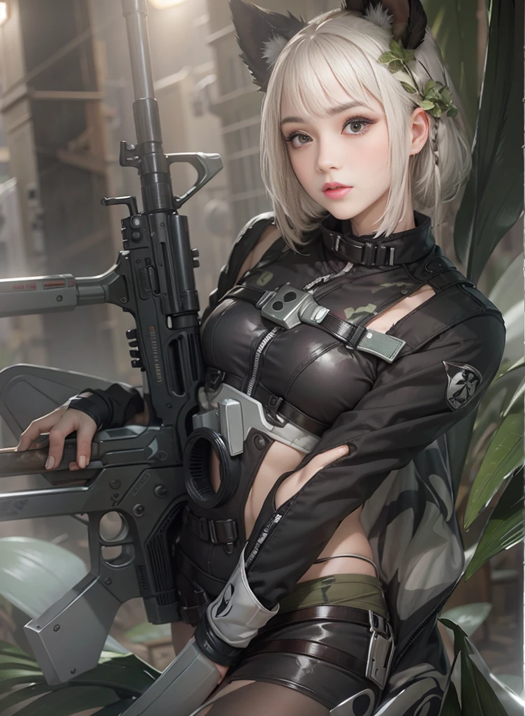 Realistic, High resolution, Photorealistic,Tall beautiful woman, alone, Hip Up, Displaying the viewer, (Detailed face),White Hair, Long Hair, Young camouflage suit, stockings,Jungle Background, Girl aiming an assault rifle