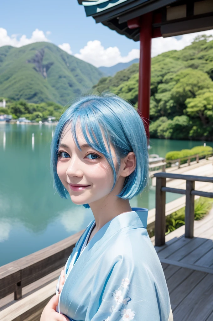 One girl, alone, Upper Body,
Light blue hair, Short Bob,
Light blue eyes, Long eyelashes, fine eyelashes, View your viewers,
smile,
Light blue kimono,
White shrine background, Background with a lake,