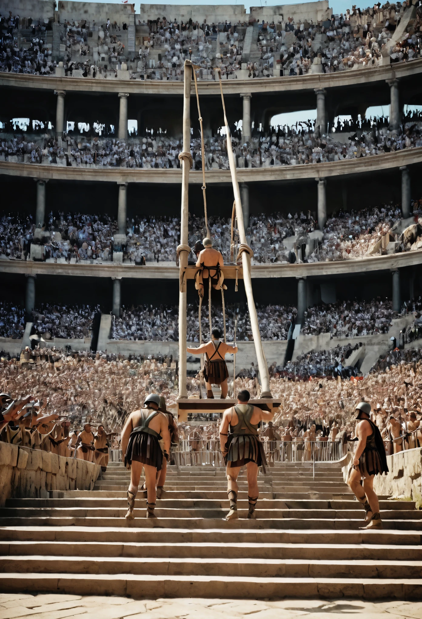 The podium for losers at the Roman Olympic Games has been turned into a gallows、Death by Hanging、Coliseum、Large crowd、Close-up of a Roman Olympian being led by soldiers up the steps of the gallows、